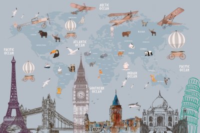 Fotobehang Animals world map and famous landmarks of the world for kids wallpaper design