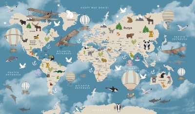 Fotobehang Animals world map for kids wallpaper design Turkish articles