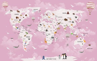 Fotobehang Wereldkaart met dieren voor een kinderkamer