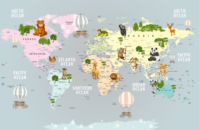Fotobehang Animals world map for kids wallpaper design