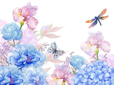 Fotobehang Floral background .illustration of watercolor. flowers peonies, irises, hydrangeas,butterflies and dragonflies . postcard floral pattern