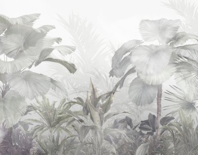 Fotobehang Tropical trees and leaves wallpaper design in foggy forest - 3D illustration