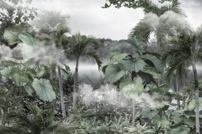 Fotobehang Tropical trees and leaves wallpaper design in foggy forest - 3D illustration