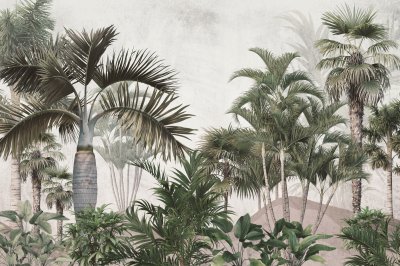 Fotobehang Tropical trees and leaves wallpaper design in foggy forest - 3D illustration