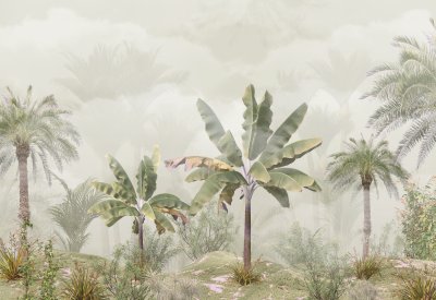 Fotobehang Tropical trees and leaves wallpaper design in foggy forest - 3D illustration