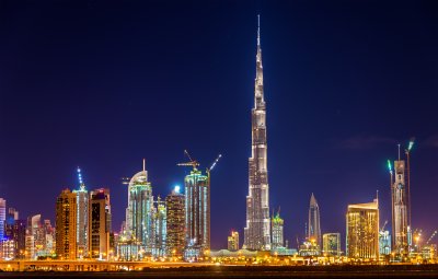 Fotobehang Night view of Dubai Downtown with Burj Khalifa
