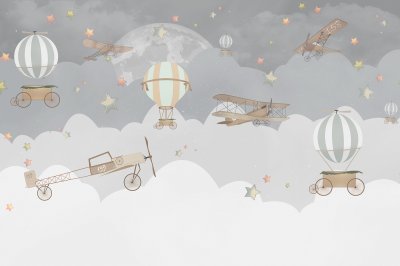 Fotobehang Grijze wolken, ballonnen, auto's en vliegtuigen