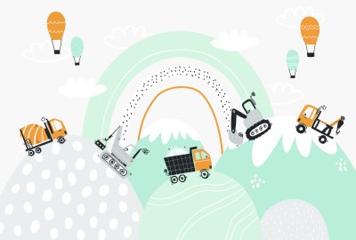 Fotobehang Graafmachines vrachtwagens en ballonnen in een sprookjesland