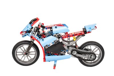 Sticker Een blauwe motorfiets gemaakt van LEGO Technic stenen