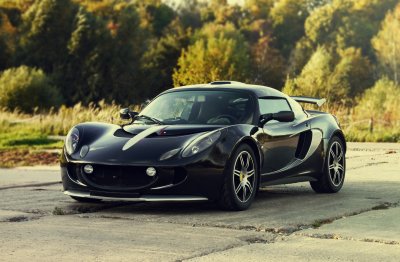 Fotobehang Black aggressive sport car on nature green background