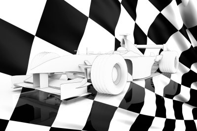 Fotobehang Een raceauto met een vlag op de achtergrond