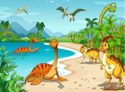 Fotobehang Blije dinosaurussen op het strand in cartoonstijl