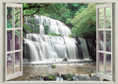 Fotobehang Uitzicht op de waterval buiten het raam