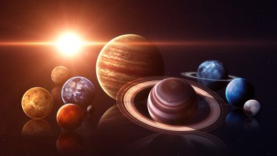 Fotobehang Planeten in het zonnestelsel en de heldere zon