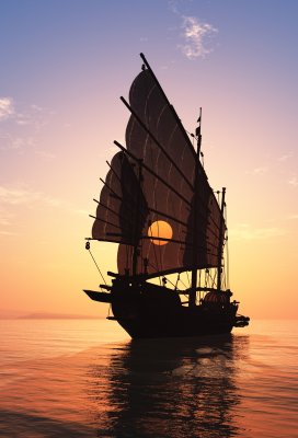 Fotobehang Oude boot met zeilen op een kleurrijke achtergrond.