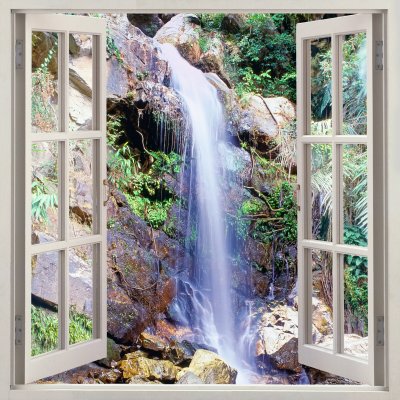 Fotobehang Uitzicht door het open raam op de waterval