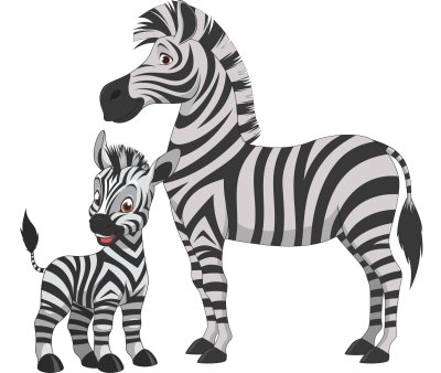 Sticker Vector illustratie, volwassen zebra en jonge zebra, op een witte achtergrond